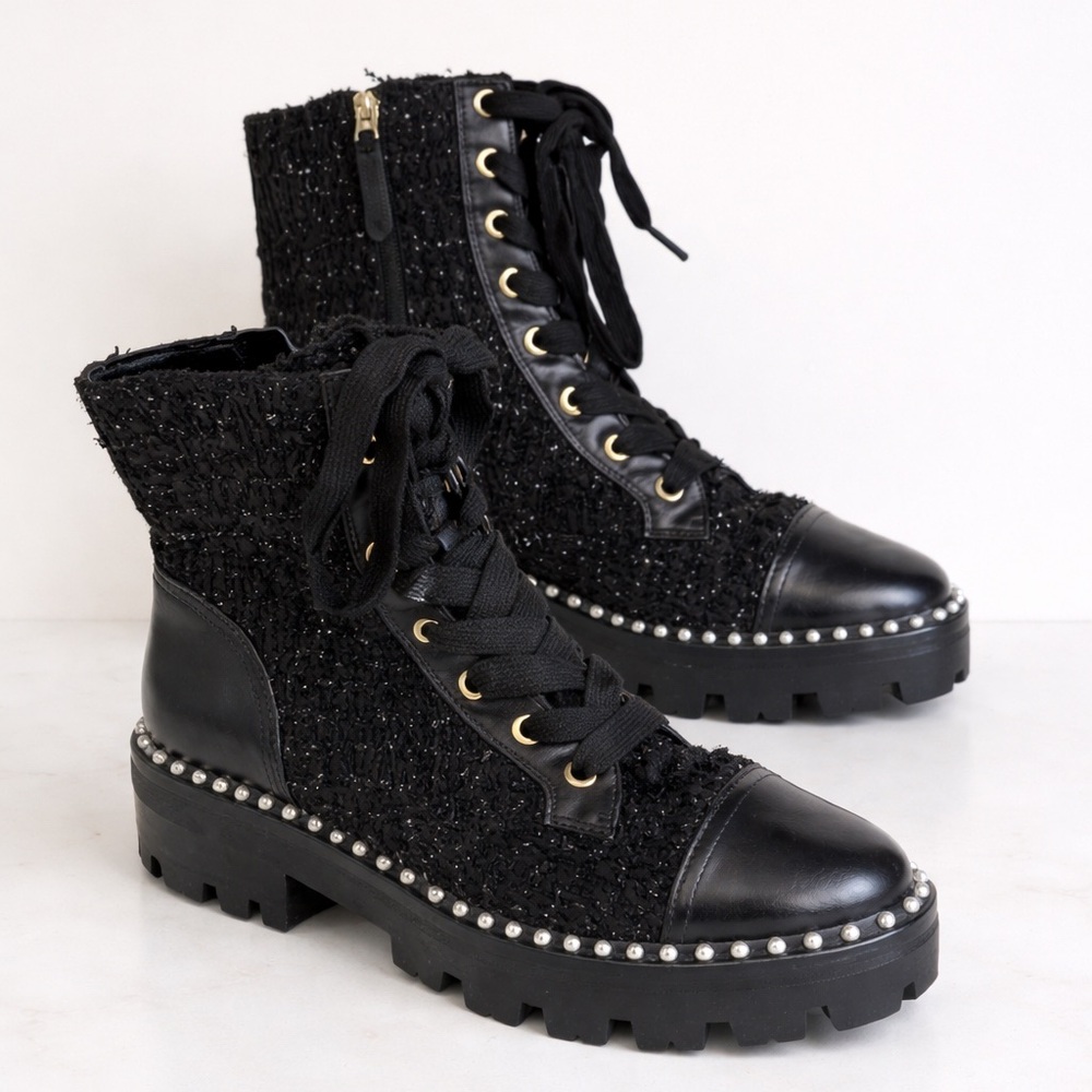 Kate Spade Merritt Lug Pearl Combat Boots Black Pearl Studded Tweed Leather 9B